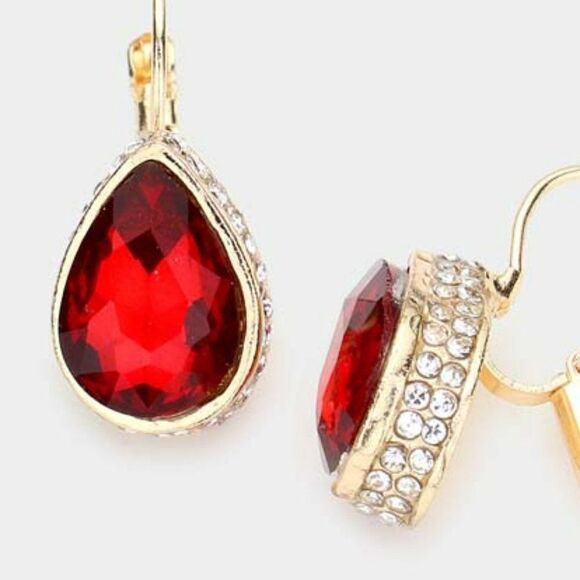 Rhinestone Red Teardrop Stone Lever Back Gold Evening Earrings - Picture 2 of 5